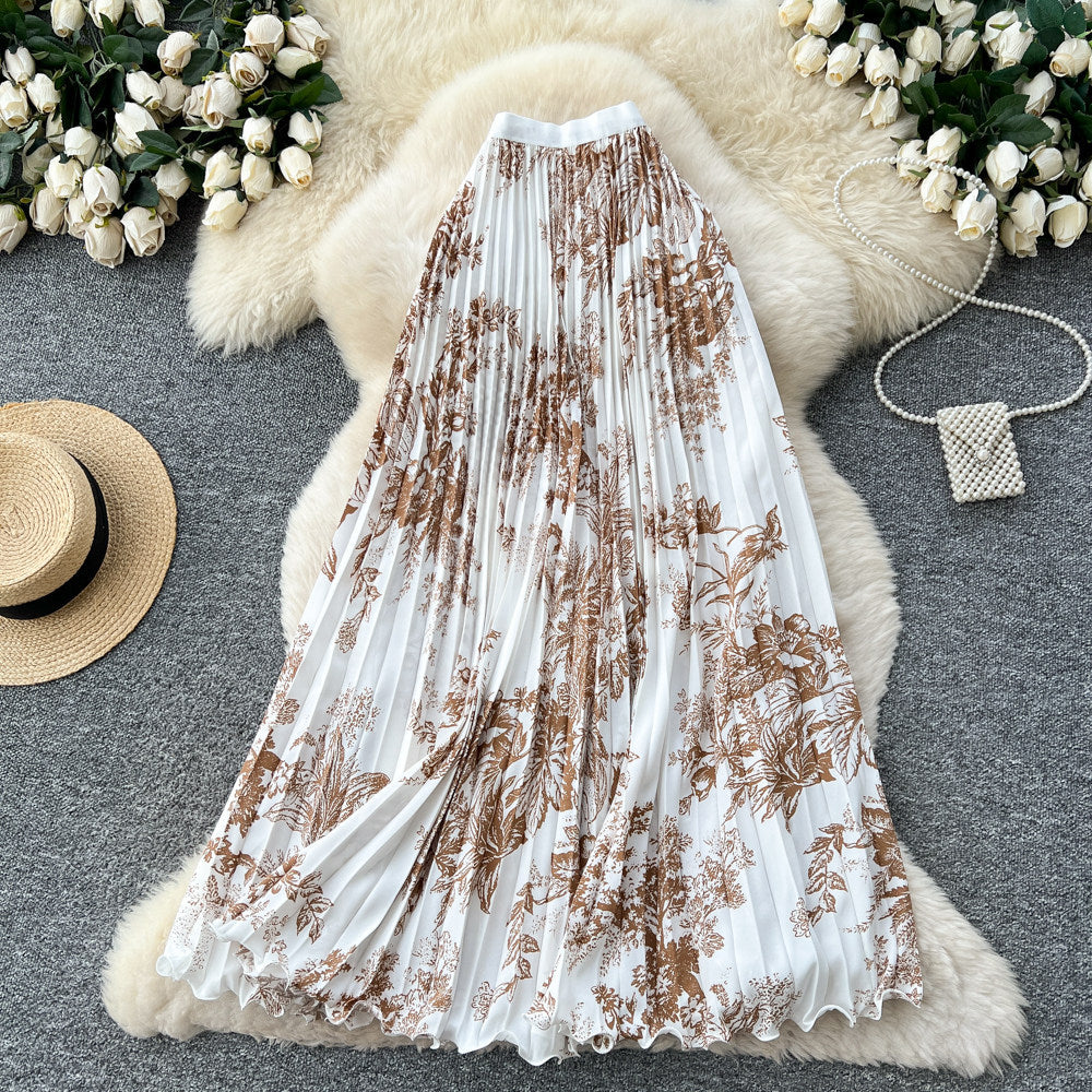 K-styleprintingpleatedcontrast colorsense of design skirt women's high waistslimming looka-line mid-length skirteasiest for matchpatchwork skirt