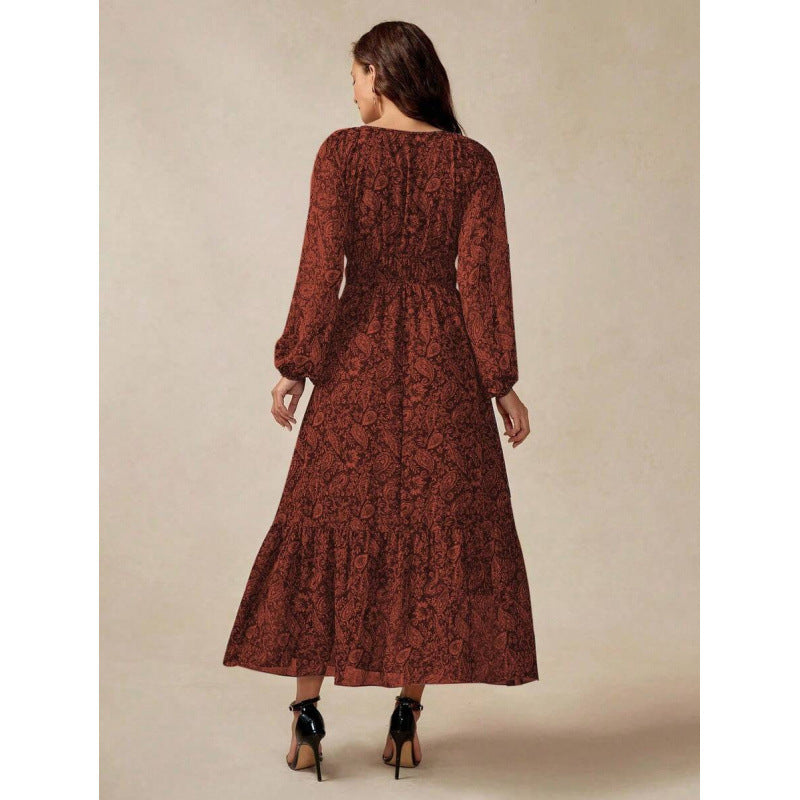 fashion bohemia retro printing loose a-line elegance lantern sleeve tie backdress women