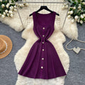 French chic sleeveless knit mini dress - summer a-line, slim fit, metallic buckle, purple, elegant