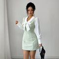 fall/winter new korean style petite short sleeve tie-waist slim fit bodycon plaid mermaid dress