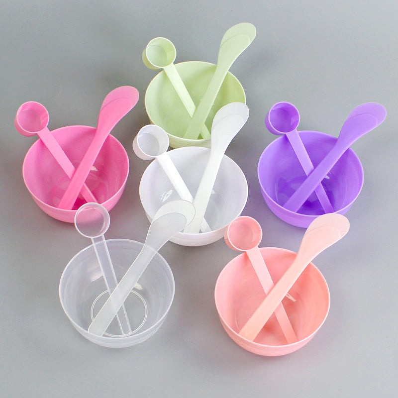 Individually packaged beauty mask bowl set - 3-piece spa tool kit: plastic bowl, mixing spatula, and measuring spoon with graduated markings