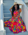 European and american cross-border women's fashion:  early spring puffy short-sleeve color block print, cinched waist, pleated, long, flared maxi dress
