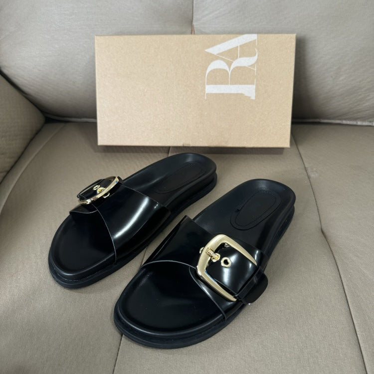 Spain 2025 spring/summer new women's one-strap sandals & slippers - versatile leather buckle detail, casual low heel, flat women's shoes