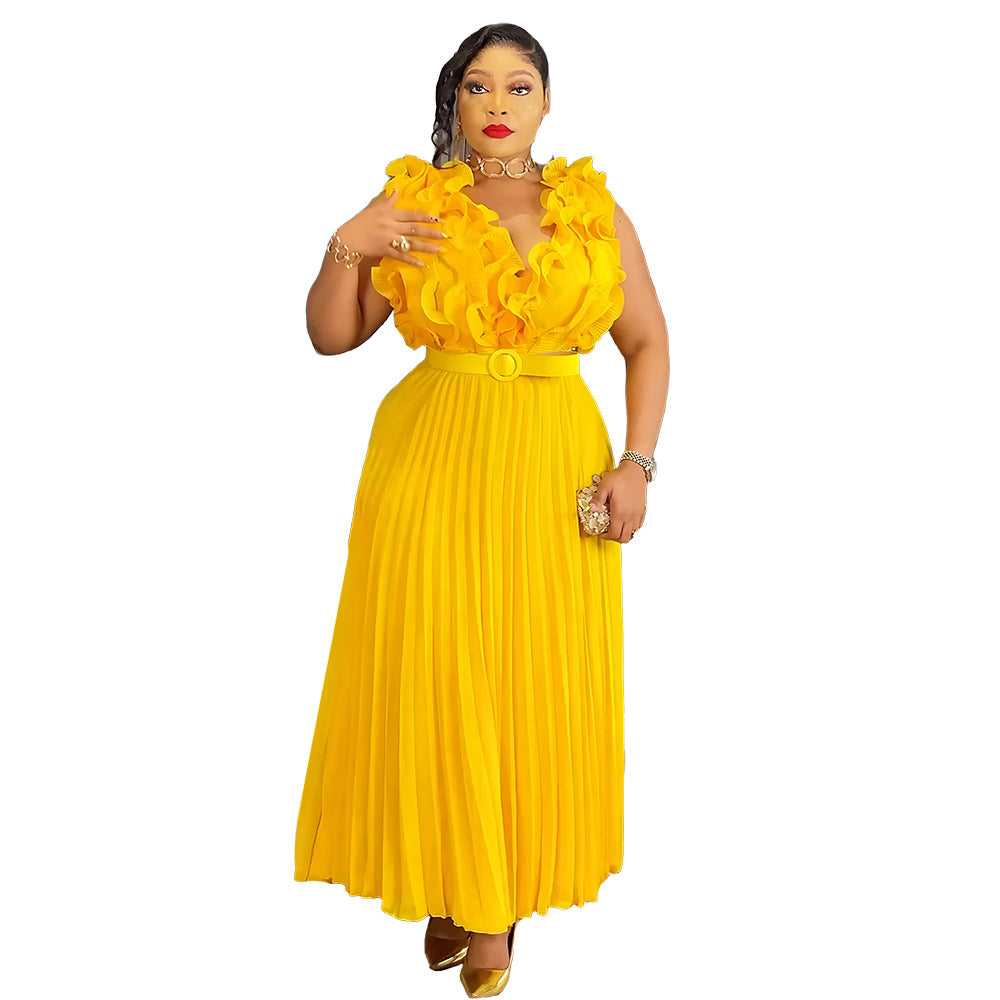 Fashion cross-border women's clothing african plus sizenew arrival stereo flower sleeveless high waist pleated skirt dresselegantdress