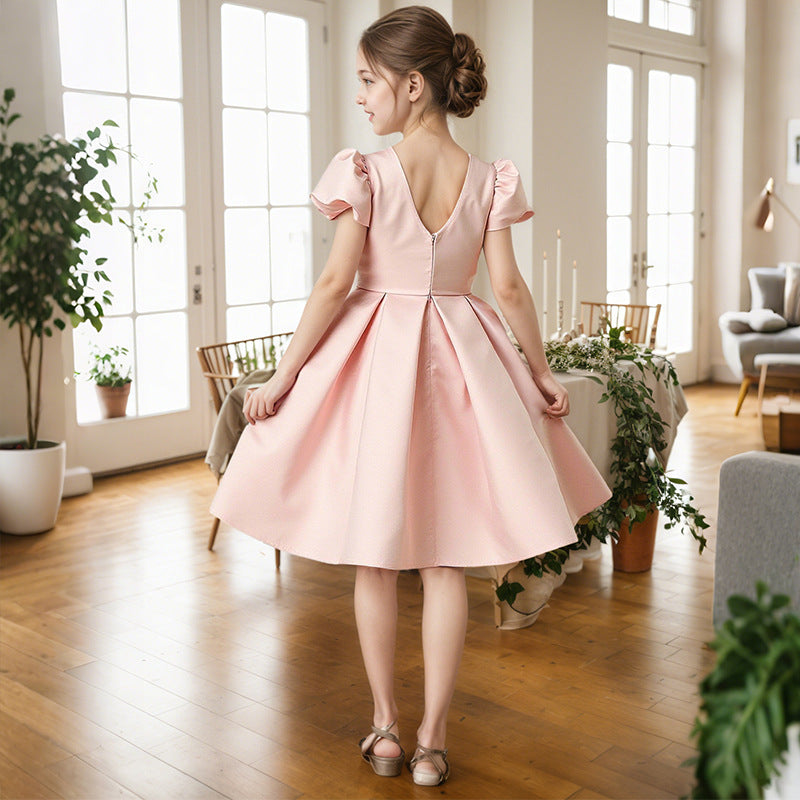 Ready-to-ship, hot-selling girls' luxury satin dress – a unique and fashionable princess gown with a sweet and elegant style, perfect for birthdays and first birthdays
