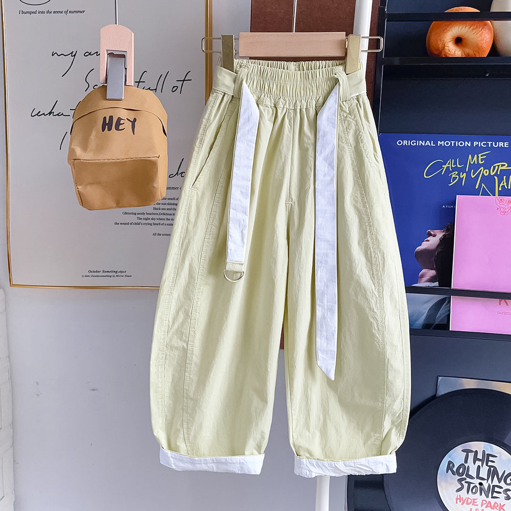 【100% cotton】summer lightweight breathable cool casual versatile belted scimitar casual pants 2614