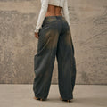 Fashionjeans women's retro distressed patchwork scimitar loose pants high street large flap pocket pants washed looseworkwearpants