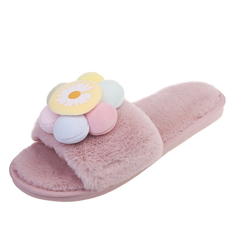 Women's fuzzy slippers - new korean style floral design, sweet and warm, indoor/outdoor use, home floor flat cotton slippers for winter