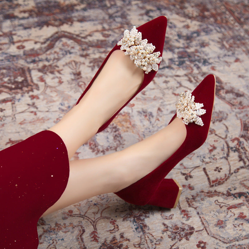 Red xiuhe wedding shoes, beaded flower bridal shoes, non-tiring feet, classy chinese style, pregnant women, engagement and toast, high thick heels