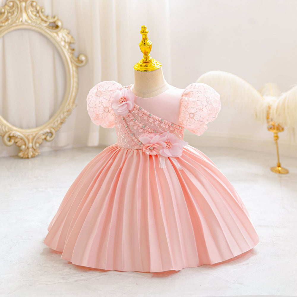 Ready-to-ship baby girl's evening gown, featuring delicate lace and a princess silhouette. perfect for model photoshoots, piano recitals, and special occasions