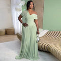 European and american cross-border women's fashion:  summer new arrival - elegant asymmetrical neck ruched tie-waist long short-sleeve dress