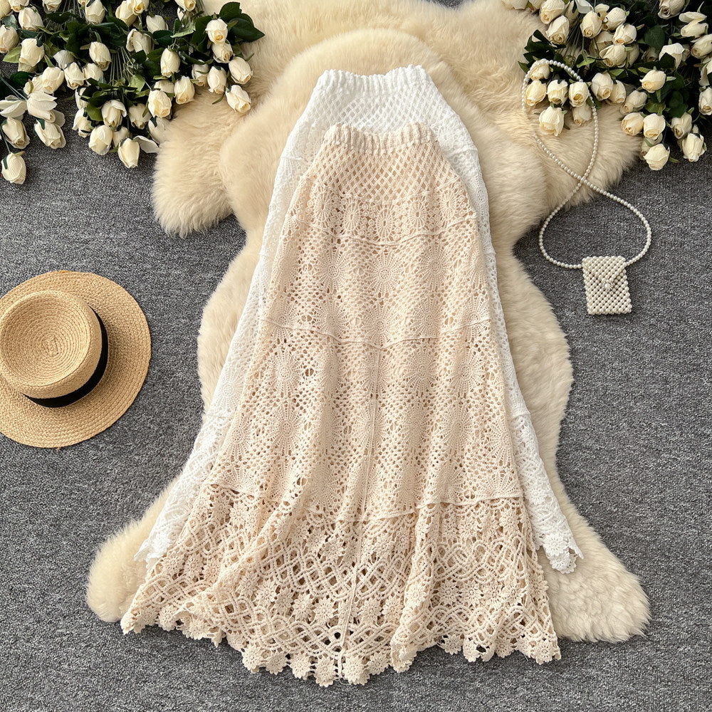 K-style heavy industry cut outknitting crochet skirt women's summerhigh waistslimming look a-line skirt tassel patchwork medium long