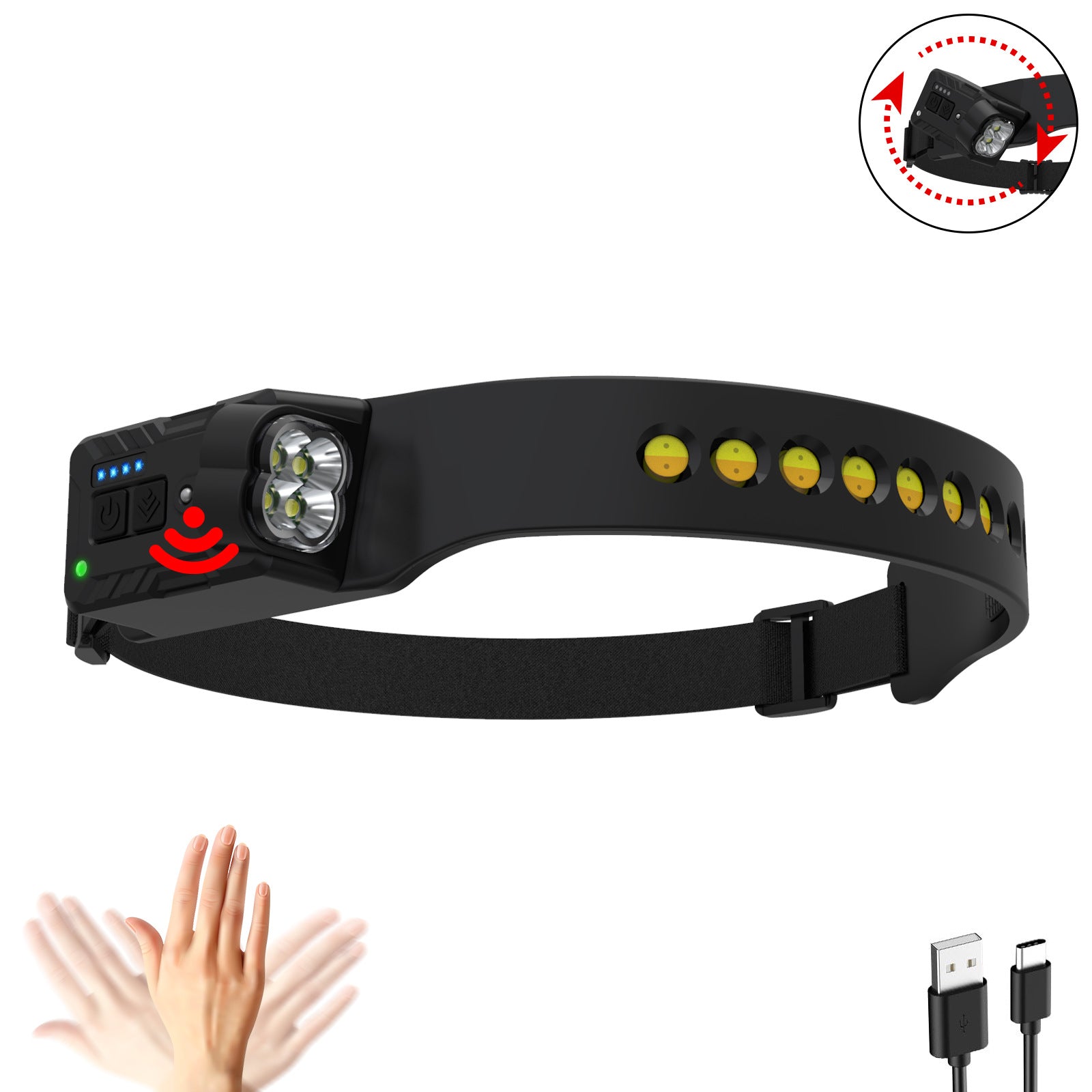 Cross-border new silicone COB headlights, rechargeable night running, cycling, camping, induction rotation adjustment headlights