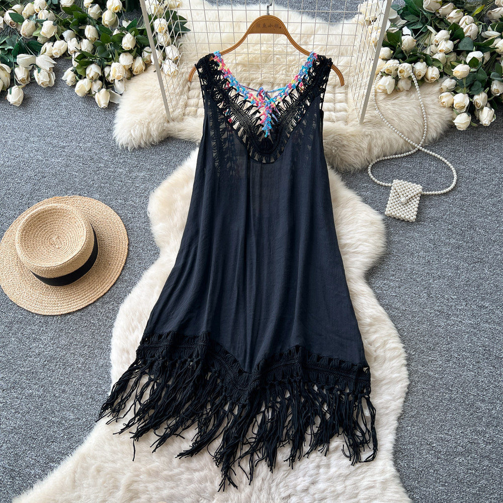 Bohemian tassel crochet dress - women's summer korean style v-neck embroidered vacation maxi dress - high waist slimming