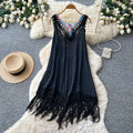 Bohemian tassel crochet dress - women's summer korean style v-neck embroidered vacation maxi dress - high waist slimming