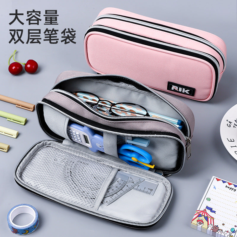 Elementary school stationery box Multi-layer large-capacity pencil case ins wind solid color stationery bag Advanced sense junior high school pencil bag customization