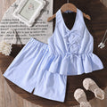 girls' big kids' outfit:  summer new european and american casual striped fashion halter top and pants two-piece set