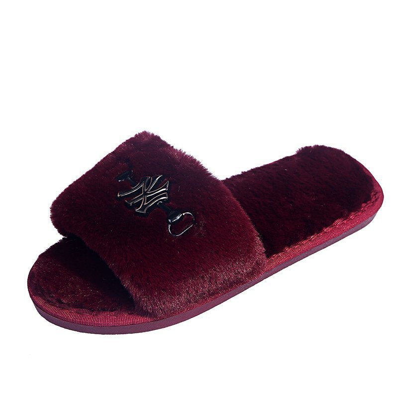 2024 new metal buckle fuzzy slippers women's autumn/winter home indoor flat warm cotton slippers