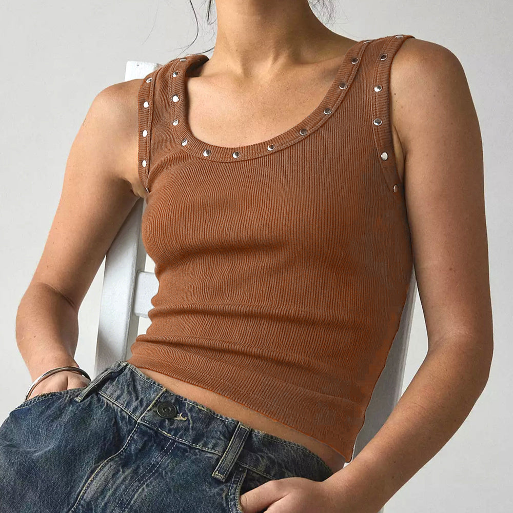 S391586 european and american street style brown ribbed studded tank top - hot girl slim fit sleeveless top - cross-border supply