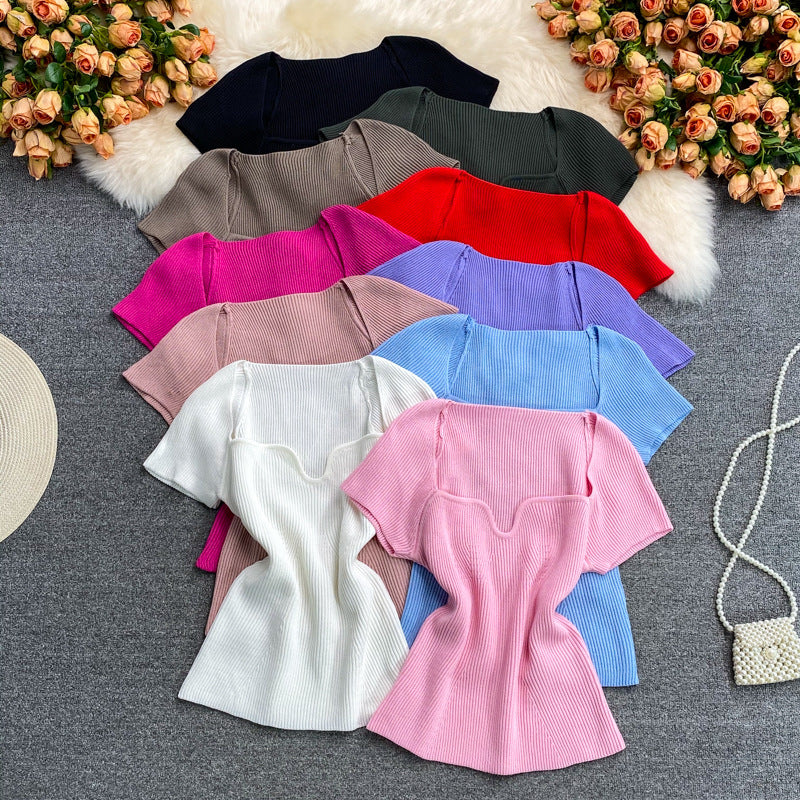 Summer hot girl style short t-shirt short sleeve sense of designniche style square neck heart exposed collarbone exposed navel knitting shirttops women