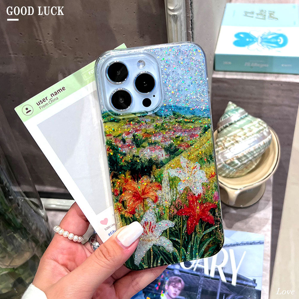 Orange lily flower suitable for iphone17promax mobile phone case glue glitter apple 16 anti-fall protective cover 15