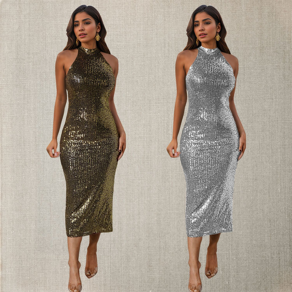 C7195 cross-border   fashion women's halter sequin bodycon sexy slim-fit dress