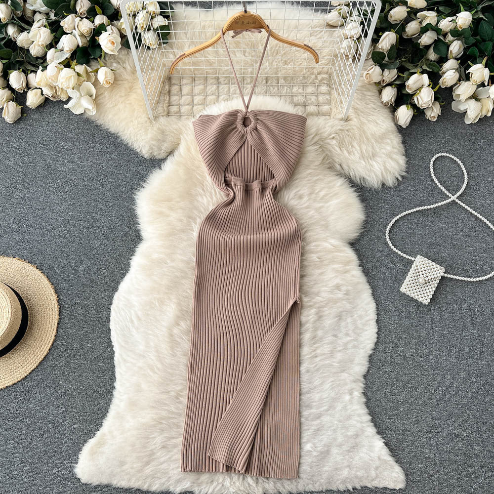 Spring and summer elegant socialite haltercut outtube top hip-covering long skirt women's tight sexybackless slit knitting long skirt