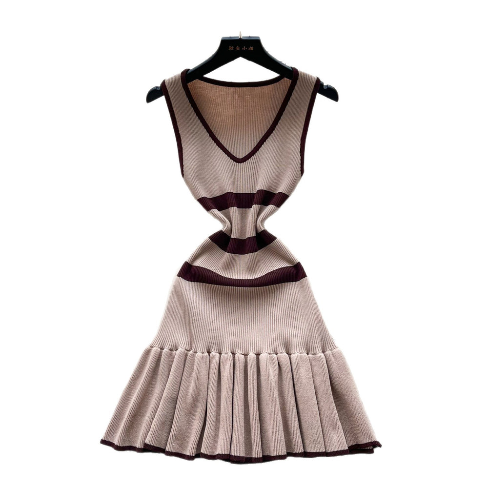 K-style v neckknittingstripes unique dress female salt style wear sleeveless waist elegant a-line skirt work clothing short skirt