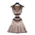 K-style v neckknittingstripes unique dress female salt style wear sleeveless waist elegant a-line skirt work clothing short skirt