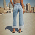 European and american stretch jeans for women,  new arrival, hot selling fashionable streetwear style, rolled hem straight leg washed denim jeans