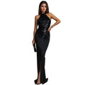 C7602 cross-border   fashion women's sexy slim-fit sequin velvet slit dress
