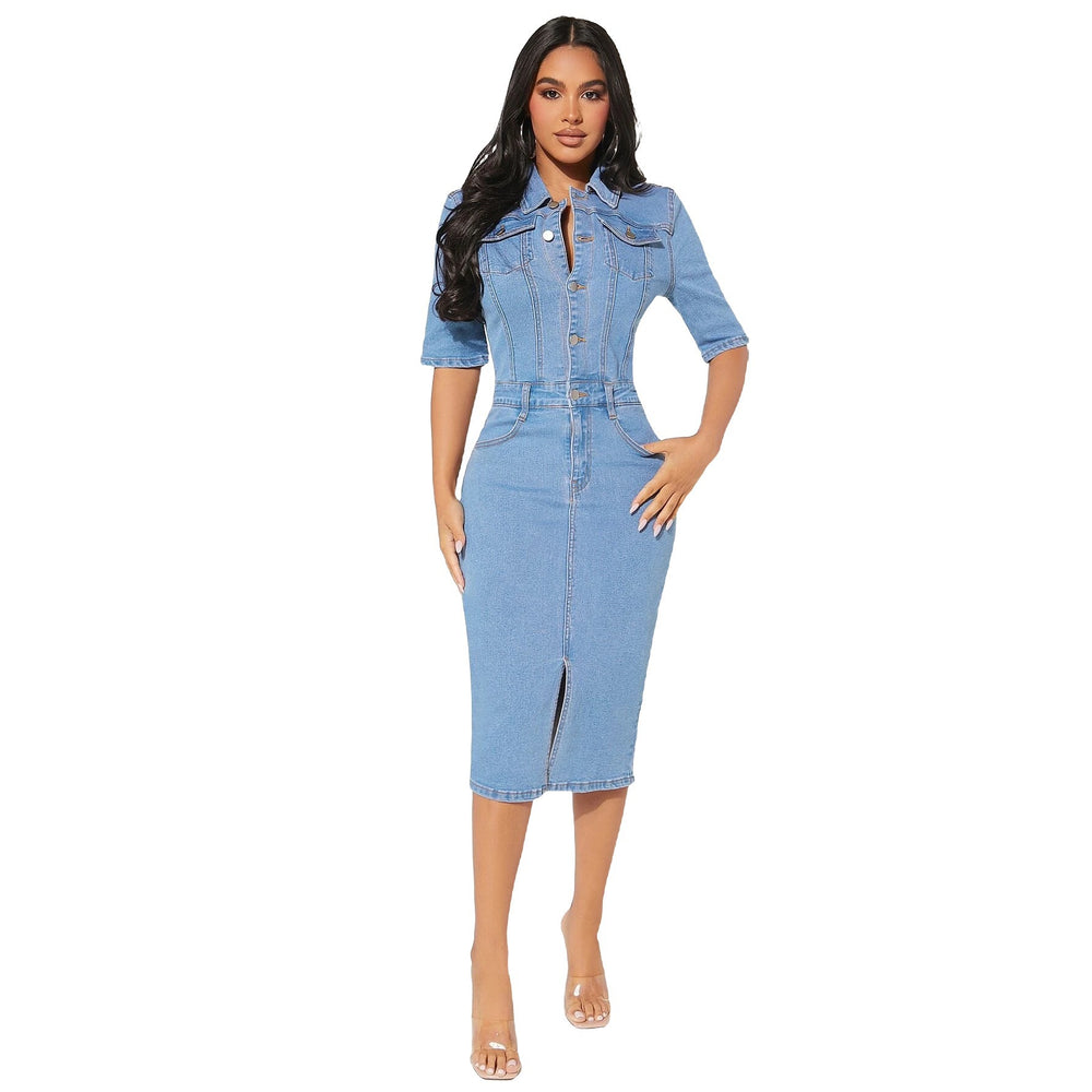 Amazon cross-border summer new fashion trendy turn-down collar slim fit elegant commute european and american hot girl short sleeve dress
