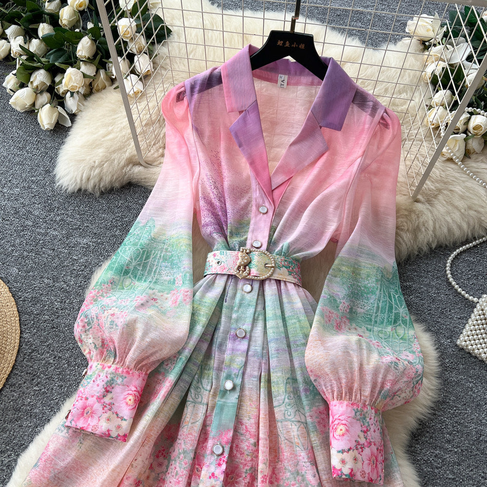 French romantic gradient print dress - women's summer long sleeve single-breasted cinched waist tie elegant maxi dress