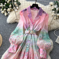 French romantic gradient print dress - women's summer long sleeve single-breasted cinched waist tie elegant maxi dress