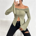 european and american women's clothing  fall/winter new collection: off-the-shoulder slit flare sleeve long-sleeve knit t-shirt - sexy top