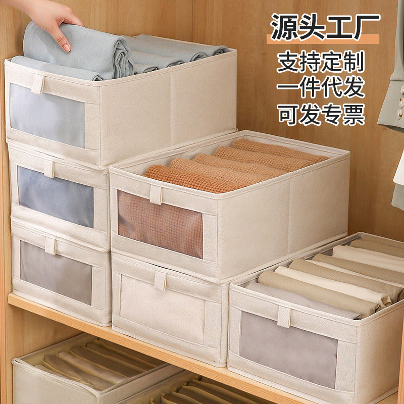 Fabric windowable cotton and linen storage box wardrobe storage finishing large clothes storage box toys foldable wholesale