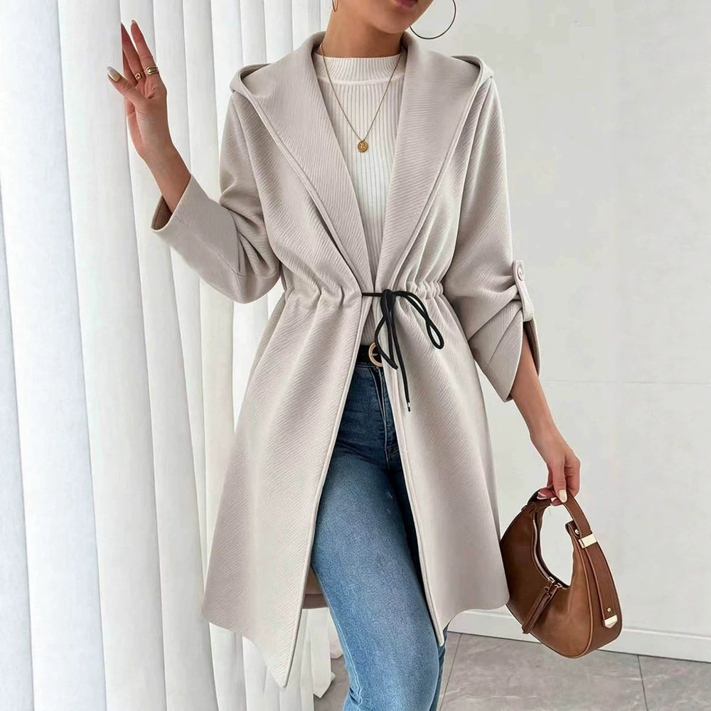 gentle wind hooded mid-long outwear drawstring waist lapel three-quarter rolled sleeves pure color texture