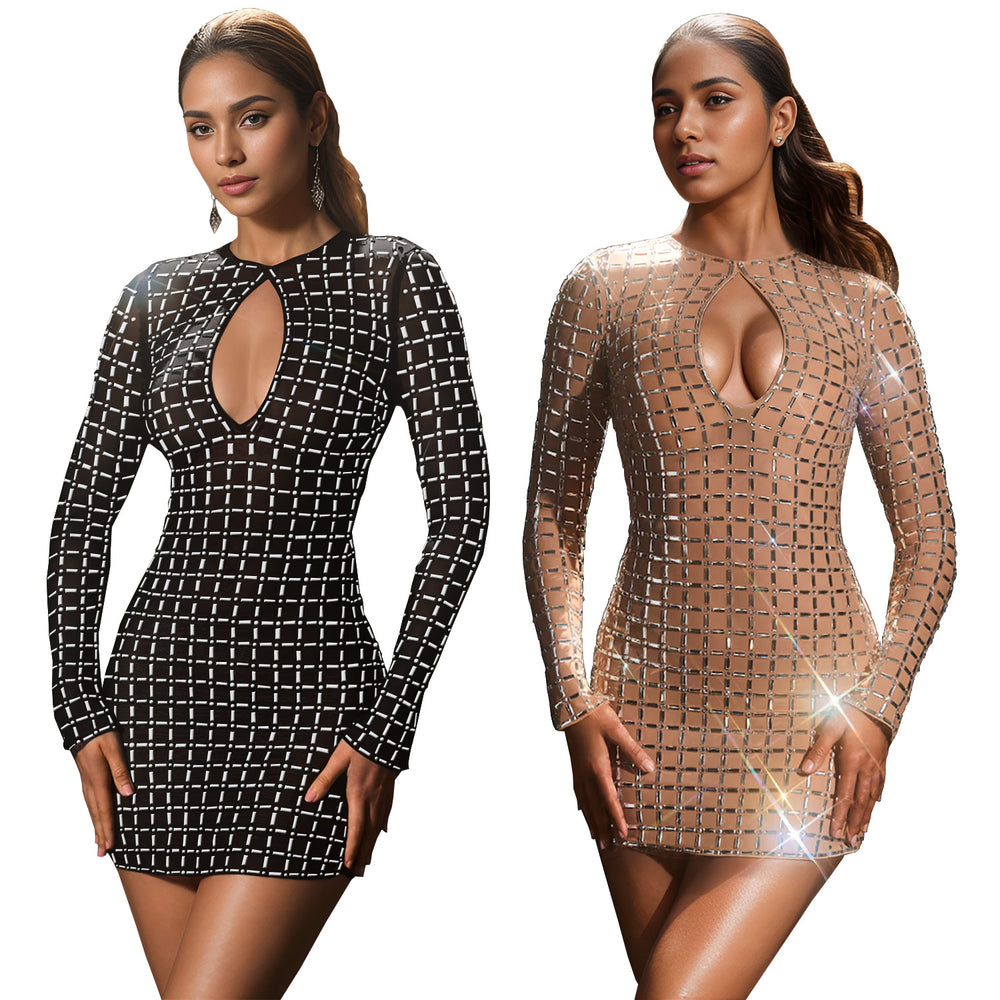 C7230 cross-border   fashion women's sexy backless mini dress rhinestone long sleeve dress