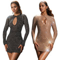 C7230 cross-border   fashion women's sexy backless mini dress rhinestone long sleeve dress