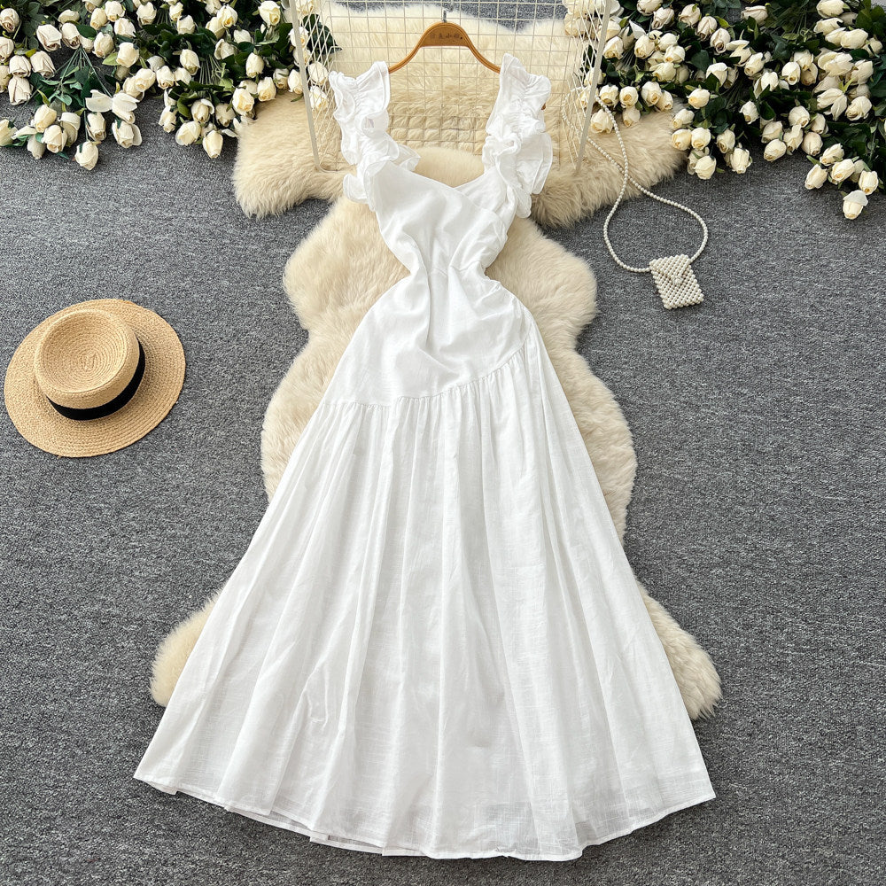 Frenchruffles square neck dress women's summernew arrivalk-stylehigh waistslimming look holiday styleelegant long skirt