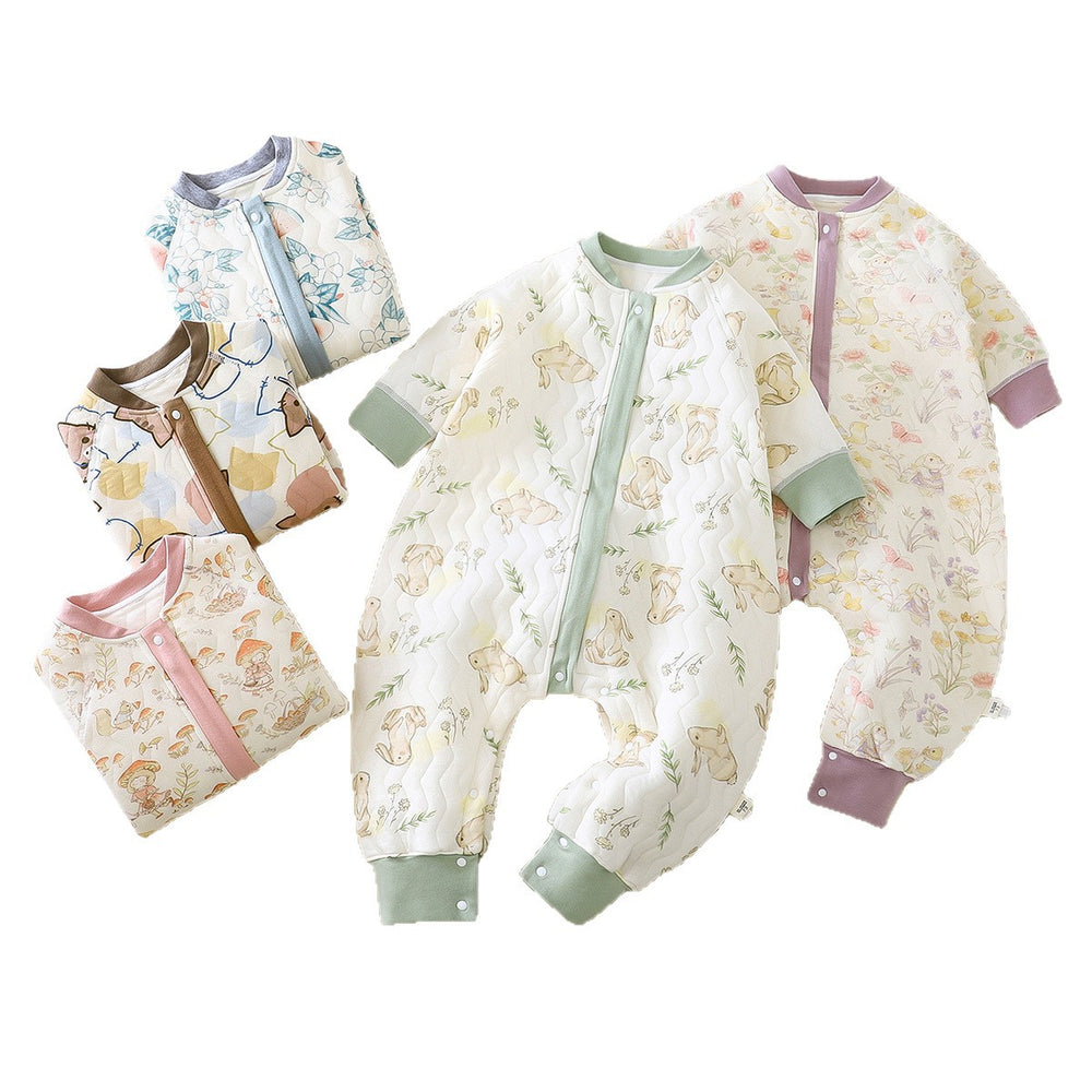 Baby three-layer quilted type a boneless sleeping bag baby pure cotton pure cotton anti-kick quilt sleeping bag pajamas home clothes split legs