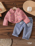 New autumn cross-border baby & toddler fleece-lined embroidered jacket & heavy-duty washed denim pants two-piece set