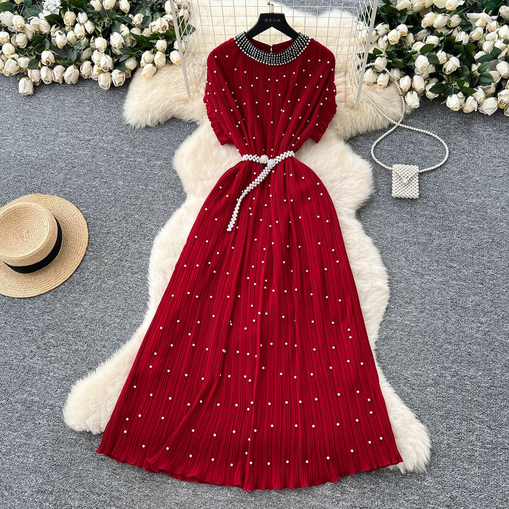 Frenchclassyelegant heavy industry beading round neck short sleeve pleated dress women's summer waist slimming lookelegant long skirt