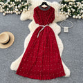 Frenchclassyelegant heavy industry beading round neck short sleeve pleated dress women's summer waist slimming lookelegant long skirt
