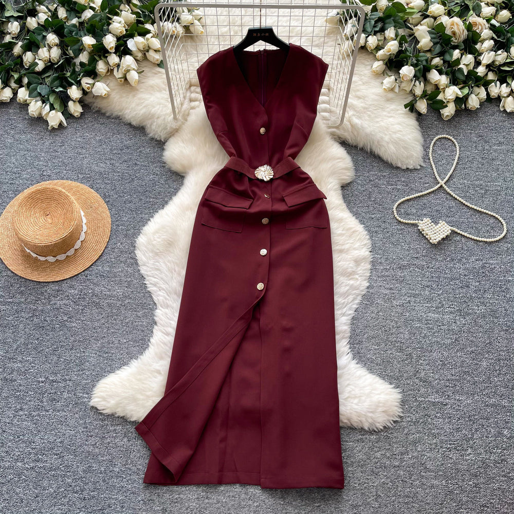 Lightly mature elegance style v neck buttoned casualdress women's summer red waist elegance mid-length a-line skirt work clothing
