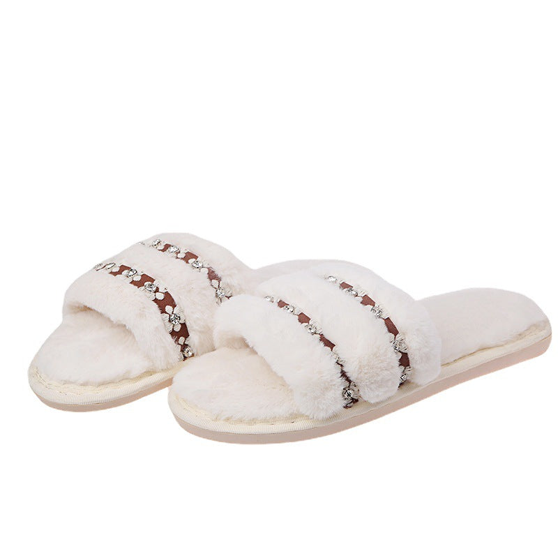 2024fall and winter fur slippers women's home large size heattech floor shoes rhinestone heattech one-line outwear fur cotton slippers