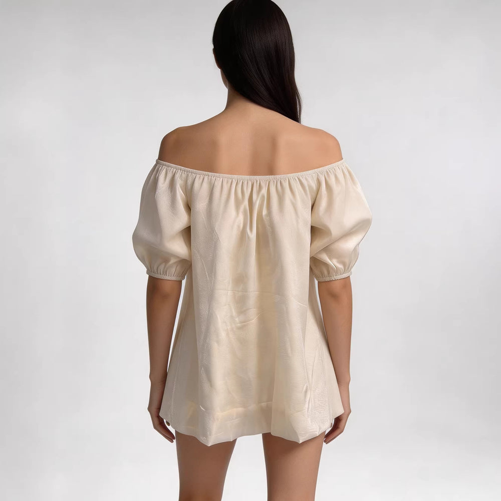 New arrival hot selling cross-border e-commerce european and american style women's fashion one-shoulder solid color puff sleeve short-sleeve dress wholesale