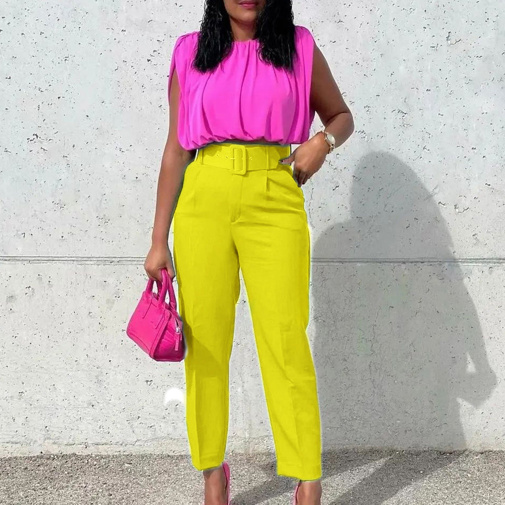 Belted european and american style women's clothing  spring new fashion plus size slimming high waist casual skinny pants foreign trade suit pants
