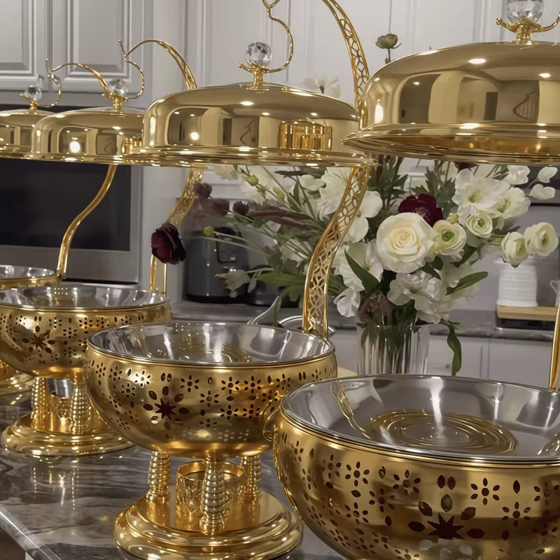 Gold round stainless steel buffet warmer - alcohol-fired buffet stove - ideal for hotels and restaurants