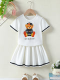 girls' two-piece look dress - bear print white short sleeve with pleated skirt - summer casual kids' dress